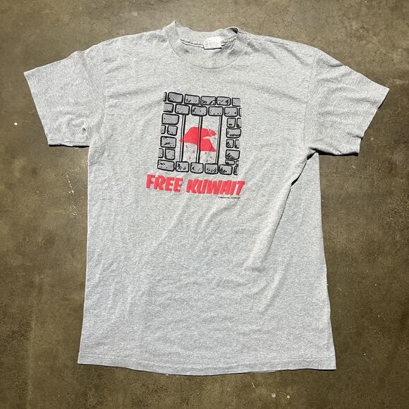 Vintage 80s Free Kuwait Grey Military War T-Shirt - Picture 1 of 4